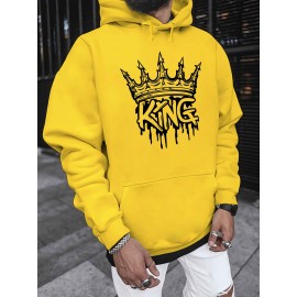 Men'S Casual King Crown Print Hoodie, 100% Polyester Long Sleeve Sweatshirt, Winter Knit Fabric with Slight Stretch, Regular Fit Hooded Top, 200g/m² - Trendy American Style Clothing Gift