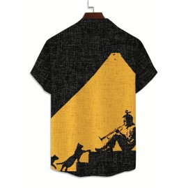 Men's Lightweight Shirt - Black & Mustard-Yellow Geometric Cat Art Print Button-Up - Stand-Up Collar Casual Beach Vacation Outfit - Machine Washable Summer Blouse for Everyday & Formal Events, Beach Clothes, Nontransparent Fabric