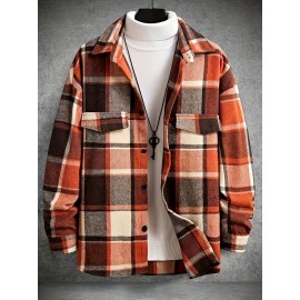 Men'S Casual Plaid Button-Up Shirt - Long Sleeve, Beige & Brown Check Pattern, Loose Fit, Lightweight Polyester Fabric, Perfect for Casual Attire