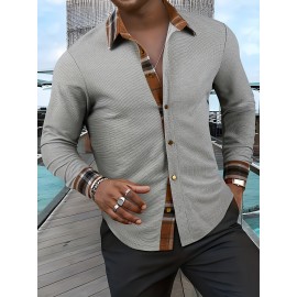 Men's Textured Waffle Knit Button-Up Long Sleeve Outdoor Casual Shirt, Breathable Fabric, Machine Washable, Suitable for Outdoors, Festivals & Office Wear, Multi-Purpose Clothing, Quality Material, Lightweight, Durable Structure, Trendy Men's Fashion