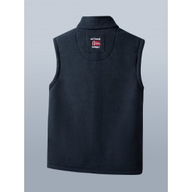 Men'S Patriotic Vest with American Flag Embroidery - Warm Fleece-Lined Fishing Vest for Outdoor Sports, Casual Style, Zip-Up Design, Black & Gray, Polyester Filler, Perfect for Fall/Winter