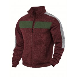 [Men's Color-Block Jacket] Color-Block Men's Knit Zip-Up Jacket | Regular Fit, Contrast Collar, Striped Design, Full-Zip Front, Ribbed Cuffs, Durable Fabric, Everyday Comfort Wear, Casual Outerwear