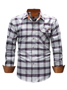 Men's Heavy-Duty Plaid Long Sleeve Dress Shirt - Winter Warmth Collar & Chest Pocket Button, Blue/White/Black/Brown Checkered Pattern, Loose Fit Casual & Formal Button-Up Coat Jacket-like Blazer (Machine Washable)