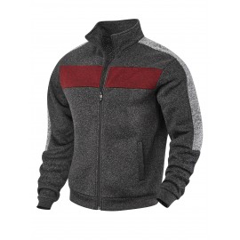 [Men's Color-Block Jacket] Color-Block Men's Knit Zip-Up Jacket | Regular Fit, Contrast Collar, Striped Design, Full-Zip Front, Ribbed Cuffs, Durable Fabric, Everyday Comfort Wear, Casual Outerwear