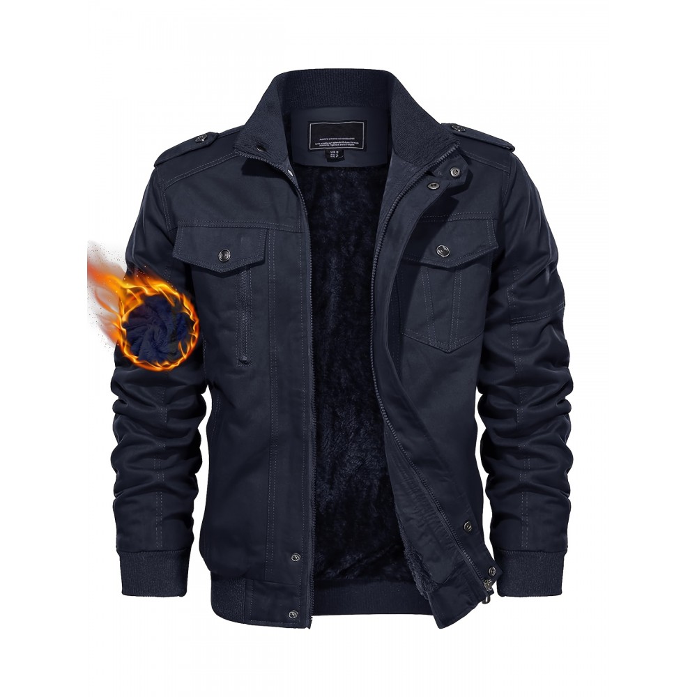 Men's Winter Fleece-Lined Cargo Jacket - Windproof Stand Collar Zipper Jacket with Ribbed Cuffs, Multi-Pockets & Soft Shell for Fall Winter Daily Wear, Outdoor Hiking Camping